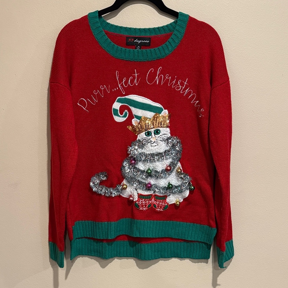 32 Degrees Red and Green Cat Purrfect Christmas Sweater